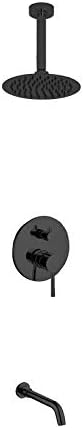 Aqua Rondo Matte Black Shower Set w/Ceiling Mount 8' Rain Shower and Tub Filler