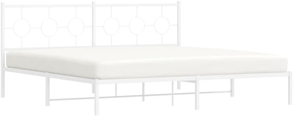 White Metal Bed Frame with Headboard King Size Platform Bed Frame with Underbed Storage Space Steel Construction Sturdy Bedframe for Bedroom Furniture