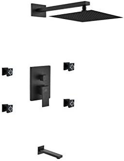 Aqua Piazza Matte Black Shower Set with 12' Square Rain Shower, Tub Filler and 4 Body Jets
