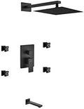Aqua Piazza Matte Black Shower Set with 12' Square Rain Shower, Tub Filler and 4 Body Jets