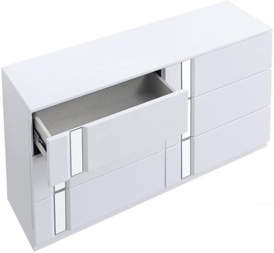 4-Piece Queen Size Modern Bedroom Set, Gray/White Wood Frame wih Mirror Trim, High Gloss Finish