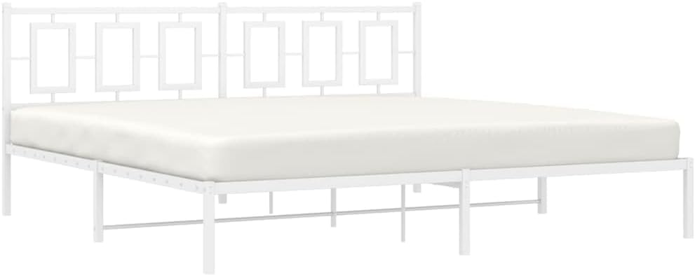 King Size Bed Frame with Headboard White 76'x79.9' Metal Platform Bed Frame Steel Construction Underbed Storage Space for Bedroom Furniture