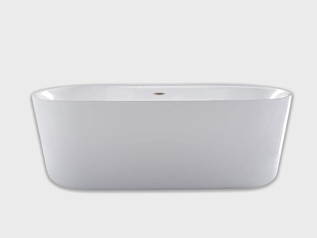 Carver Tubs - Amur 70' - Modern White Freestanding Soaking Bathtub With Brushed Nickel Drain - Modern Spacious Oval Acrylic Fiberglass Bath Tub - Deep Relaxing Soak - 70.5″L x32.5'W x 23'H