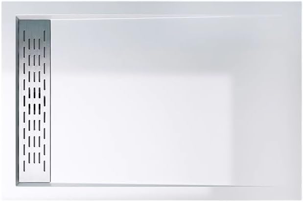 60'×32' '×4' Shower Pan with left Drain Right 24' Trench Drain, Ultra-Low Profile Design,Reinforced Polymer Base, Includes Stainless Steel Chrome Trench Cover