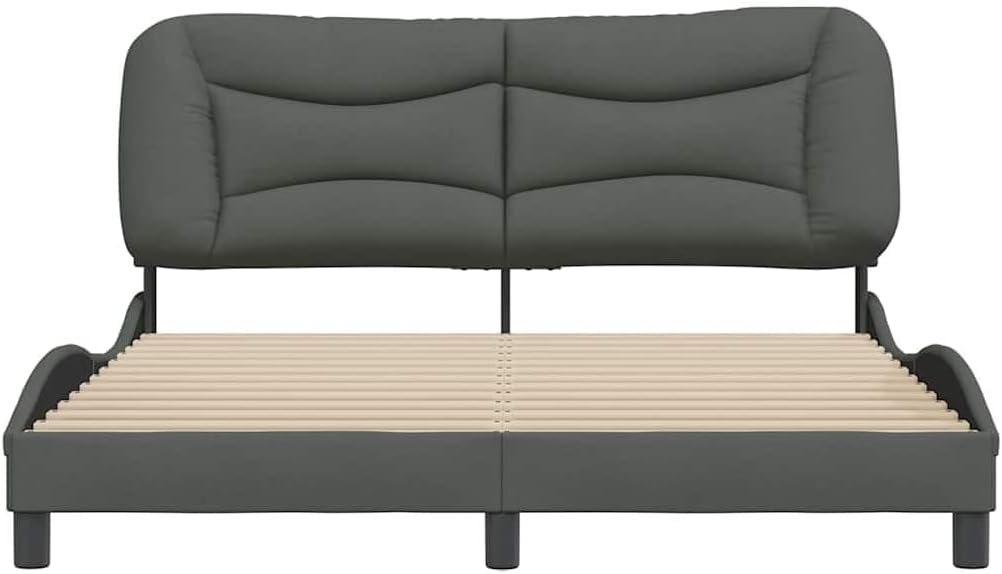 Queen Size Bed Frame with Dark Grey Polyester Fabric and Decorative Inlays, Modern Design with Cushioned Headboard and Solid Pine Wood Construction, 4-Piece Set for Bedroom