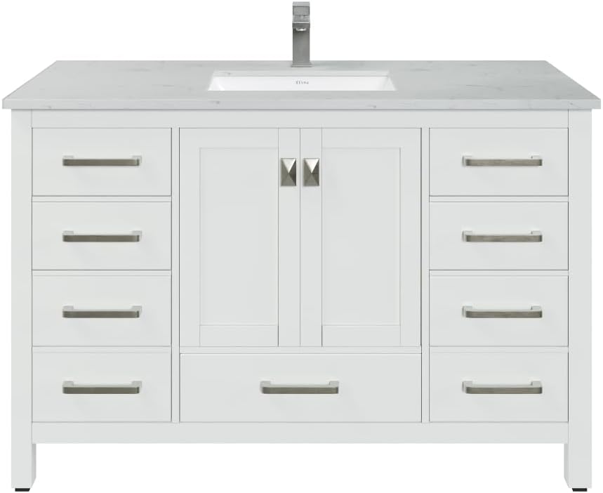 Eviva London 48 White Bath Vanity - Freestanding Countertop Quartz - Single Sink Bathroom Vanity with Porcelain Sink Combo