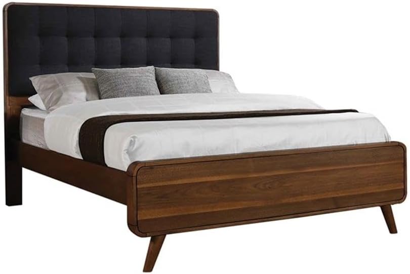 Pemberly Row 5-Piece Eastern King Wood Bedroom Set, Dark Walnut and Dark Gray Finish, Upholstered Headboard, Mid-Century Style with Storage, Includes Bed, Dresser, Mirror, Nightstand, and Chest