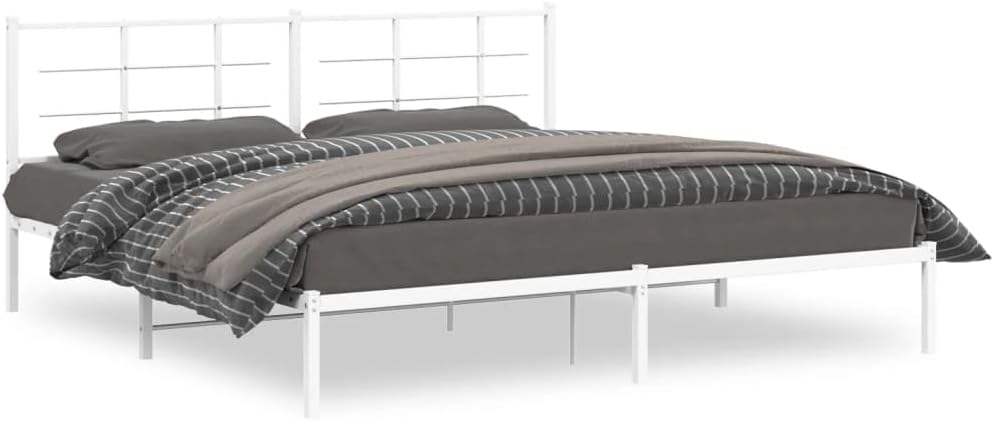 Metal Bed Frame with Headboard White King Size Platform Bed Frame 76'x79.9' Heavy Duty Steel Construction Underbed Storage Space for Bedroom Furniture