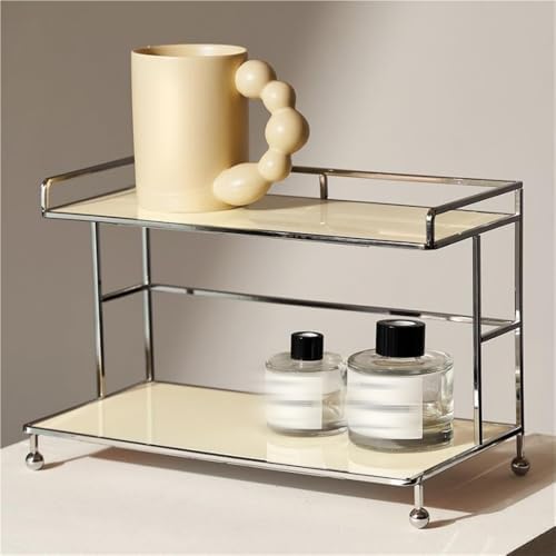 2-Tier Metal Desktop Shelf Organizer, Beige Cosmetics & Perfume Storage Rack, Countertop Display Stand for Bedroom, Bathroom & Kitchen, Stylish Home Decor