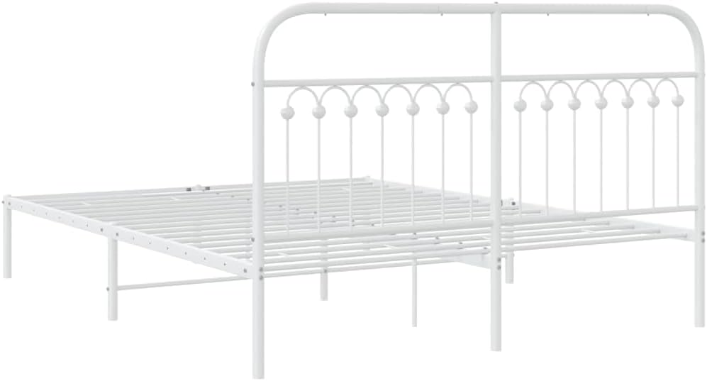White Steel King Bed Frame Rectangular Traditional with Sturdy Metal Construction and Elegant Headboard for Bedroom Guest Room