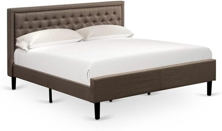 East West Furniture KD18K-2VL06 3 Piece King Size Bed Set - 1 King Bed Brown Linen Fabric Padded and Button Tufted Headboard with 2 Mid Century Nightstand - Wire Brushed Black Finish Nightstand