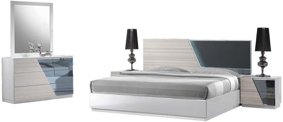 Modern 5-Piece California King Size Bedroom Set, LED Lighting, High Gloss Lacquer Finish Wooden Bedroom Set, Zebra Gray
