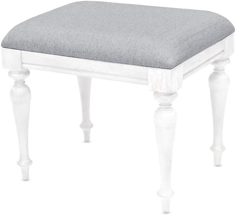 BOWERY HILL Modern Rustic Vanity Bench, Solid Hardwood Frame, Distressed Ivory Finish, Dove Gray Upholstered Seat, 20' W x 16' D x 18' H, Tapered Turned Legs, Vintage Farmhouse Bedroom Stool