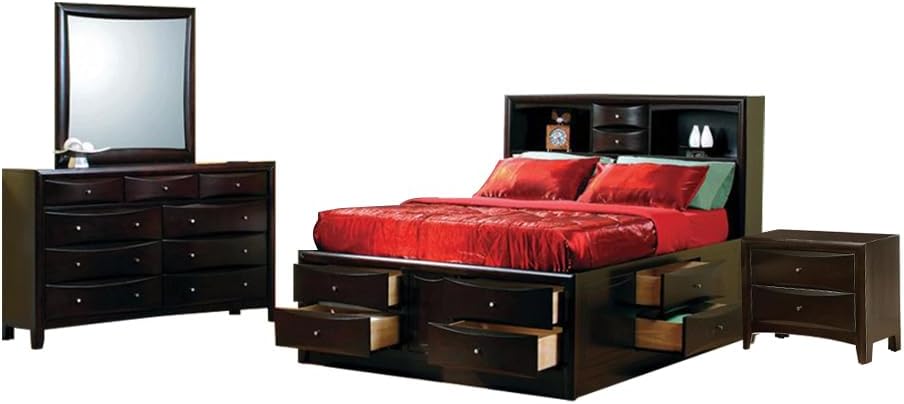 Coaster Home Furnishings Phoenix Transitional 4-Piece Queen Size Platform Bed Storage Bedroom Set Bookcase Headboard Cappuccino Brown 200409Q-S4