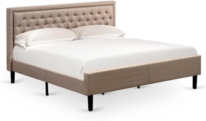 East West Furniture KD16K-2GA0C 3 Piece Wooden Bedroom Set-1 Modern Bed Frame Brown Linen Fabric Padded and Button Tufted Headboard with 2 Wire Brushed Butter Cream Finish Nightstand