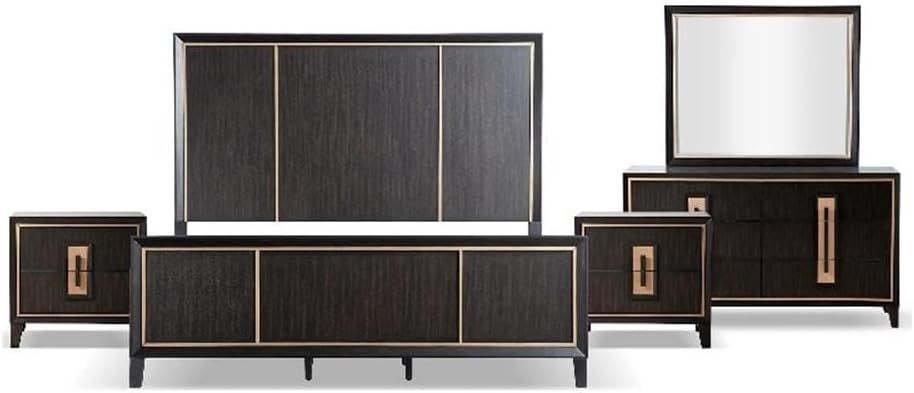 Furniture of America Samuel Modern Solid Wood 5-Piece Bedroom Collection Bed Frame, 2-Drawer Nightstands and 6-Drawer Dresser with Mirror, Box Spring Required, Espresso, King
