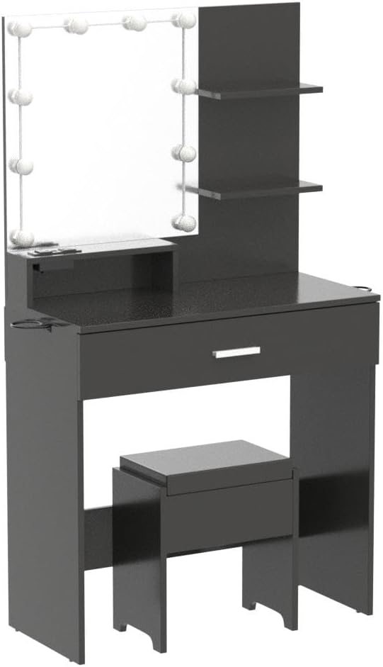 Vabches Small Vanity Desk with Mirror and Lights, Makeup Vanity with Storage Chair & Power Strip,Girl Dressing Table Set with Drawer for Bedroom,3 Lighting Modes,Brightness Adjustable,Black