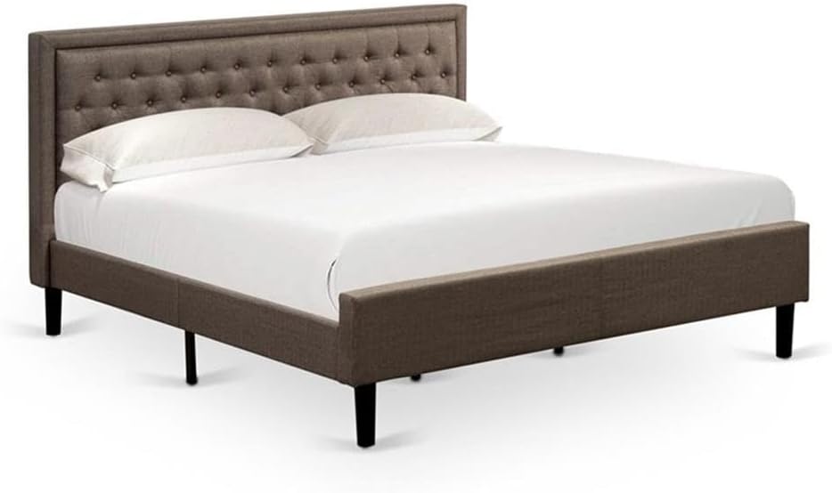 East West Furniture KD18K-1HI07 2 Piece Wood Bedroom Set - 1 King Platform Bed Frame Brown Linen Fabric Padded and Button Tufted Headboard with 1 Nightstand - Distressed Jacobean Finish Nightstand