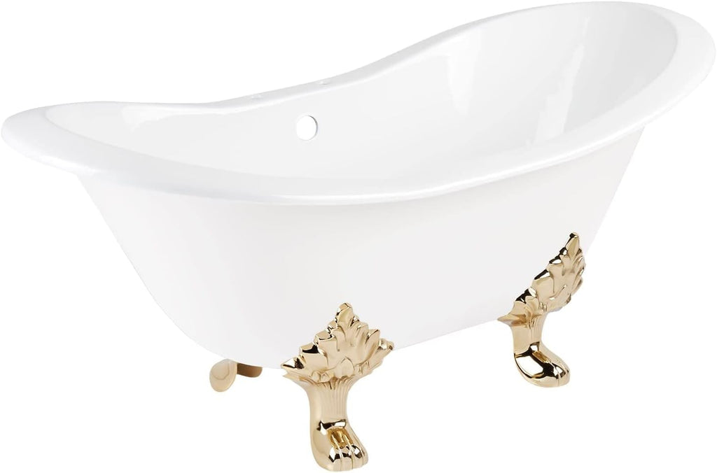 Signature Hardware 915546-61-RH-ND Arabella 61' Cast Iron Soaking Clawfoot Tub with Pre-Drilled Overflow Hole and 7' Rim Holes - Less Drain - White/Polished Brass Feet