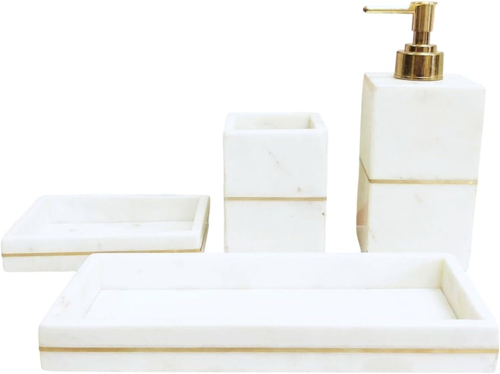 Marble Bathroom Accessories Set, Marble Soap Dispenser, Marble Decorative Small Tray, Marble Decorative Big Tray, Marble Tooth Brush Holder, Marble Bathroom Set Home Decor (Set of 4 Pieces)