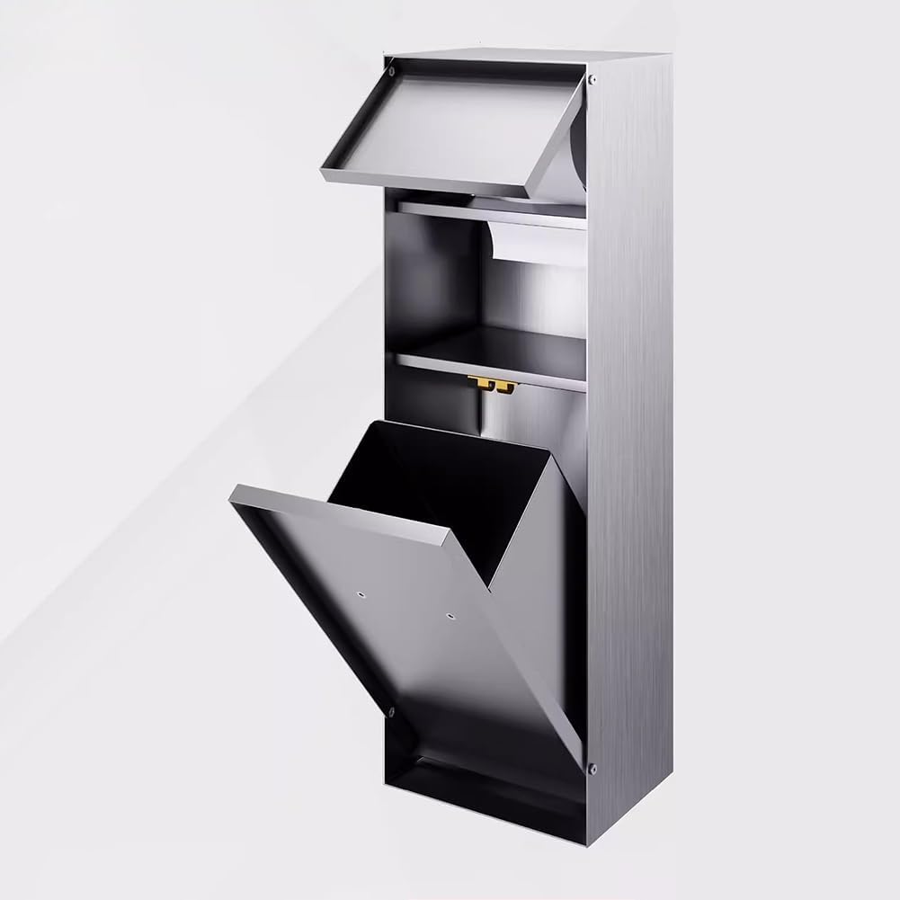 Shower Niche with Built-in Trash Can, Stainless Steel Bathroom Storage Rack, Built-in Bathroom Niche, Wall-Mounted Trash Can Cabinet, Multi-Functional Toilet Paper Holder,Silver