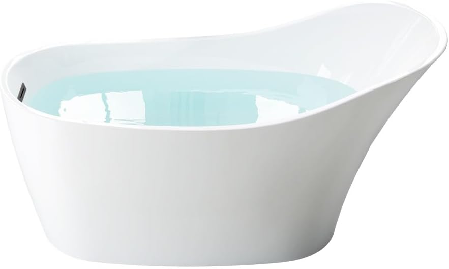 WOODBRIDGE 59' Acrylic Freestanding Bathtub Contemporary Soaking White Tub with Matte Black Overflow and Drain，B0029-MB-Drain&O