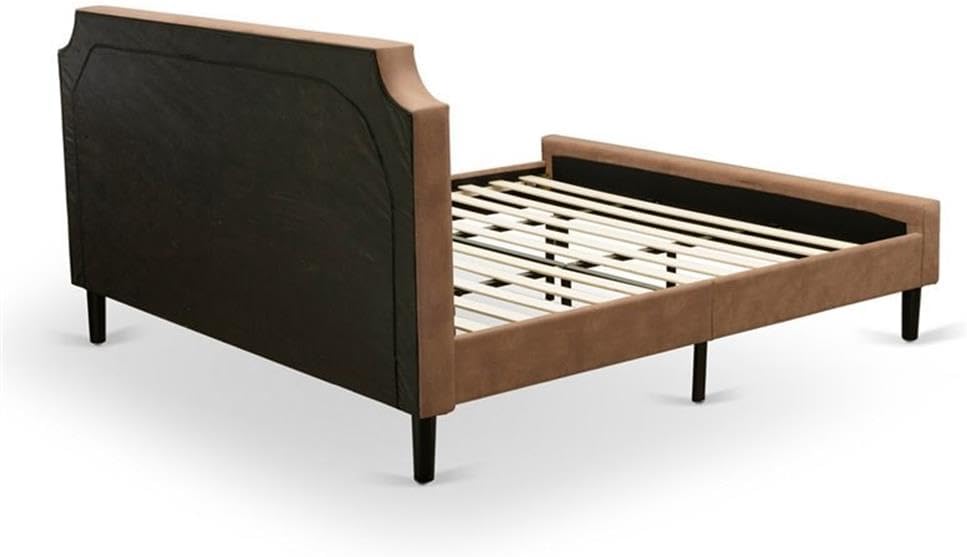 East West Furniture GB28K-1DE07 2-Pc Granbury King Size Bedroom set with Button Tufted Bed Frame and 1 Distressed Jacobean Mid Century Nightstand - Brown faux Leather with Brown Texture and Black Legs