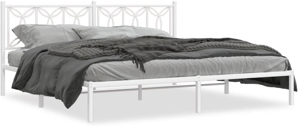 White Steel King Bed Frame with Headboard 76'x79.9' Platform Bed Frame with Metal Slats and Underbed Storage Space for Bedroom Furniture