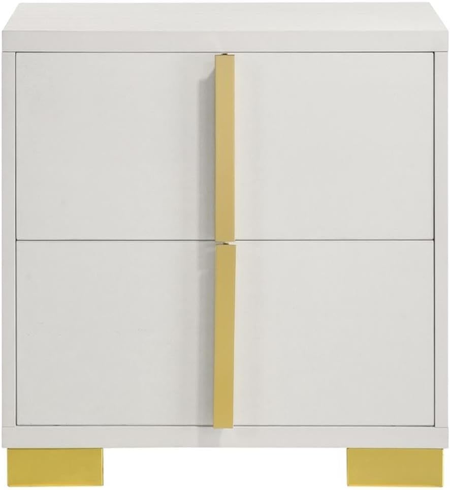 Pemberly Row 5-Piece Contemporary Wood Eastern King Bedroom Set, White and Gold Finish, LED Headboard, Metal Handles, Includes Bed, Nightstand, Dresser, Mirror, Modern Glam Design for Bedroom Use