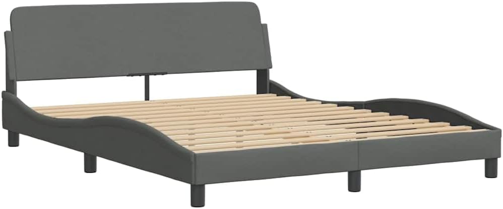 Queen Size Bed Frame with Dark Grey Polyester Fabric and Decorative Inlays, Modern Design with Cushioned Headboard and Solid Pine Wood Construction, 4-Piece Set for Bedroom