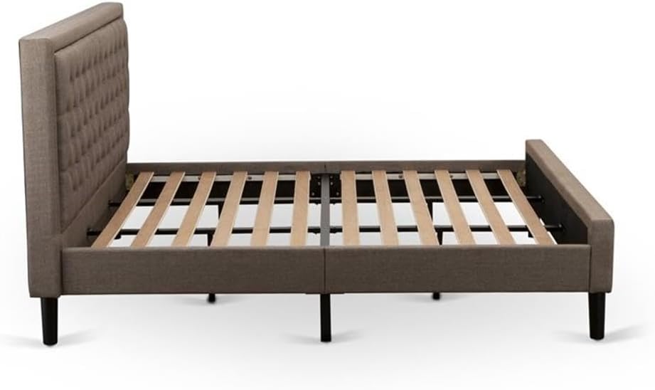 East West Furniture KDF-18-K Platform King Bed Frame Wood - Brown Linen Fabric Upholstered Bed Headboard with Button Tufted Trim Design - Black Legs