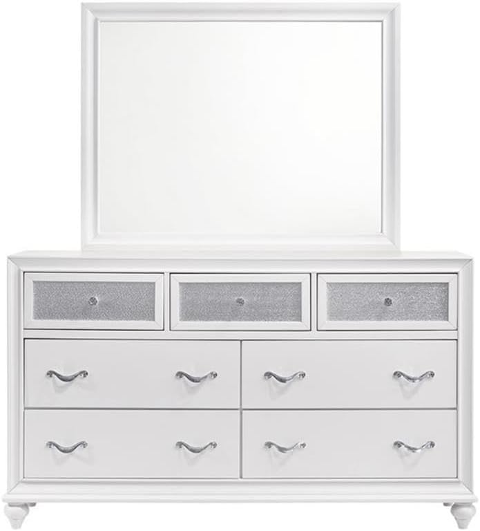 Pemberly Row 5-Piece Eastern King Wood Bedroom Set, White Finish with Gray Faux Leather Upholstery, Panel Bed, Nightstand, Dresser, Mirror, Chest, Glam Style for Transitional Bedroom Decor
