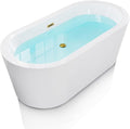 WOODBRIDGE 59' Acrylic Freestanding Bathtub Contemporary Soaking White Tub with Brushed Gold Overflow and Drain，B0012 -BG-Drain &O