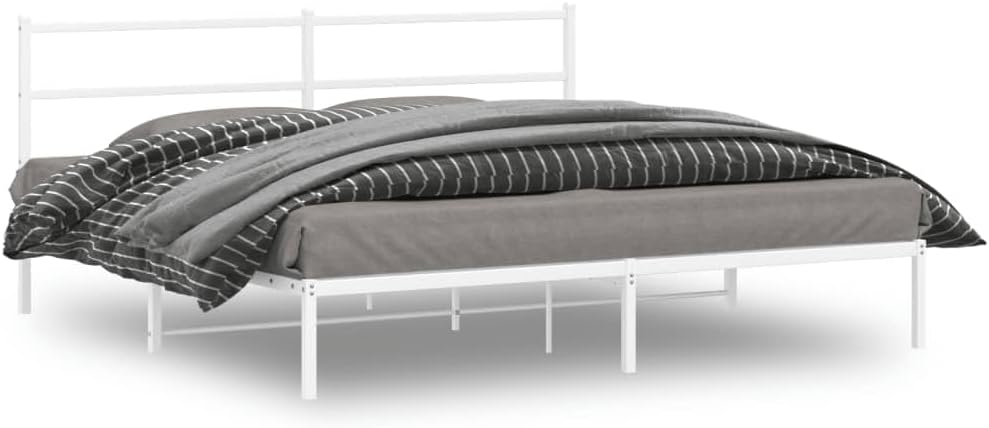 Metal Bed Frame with Headboard King Size White 76'x79.9' Sturdy Steel Platform Bed Frame with Underbed Storage Space for Bedroom Furniture