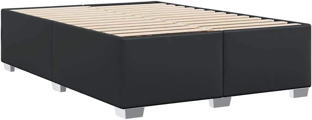 Queen Size Faux Leather Bed Frame with Engineered Wood Base, Modern Matte Black Finish for Standard Mattress, 4-Piece Set for Bedroom Decor and Sleep Support
