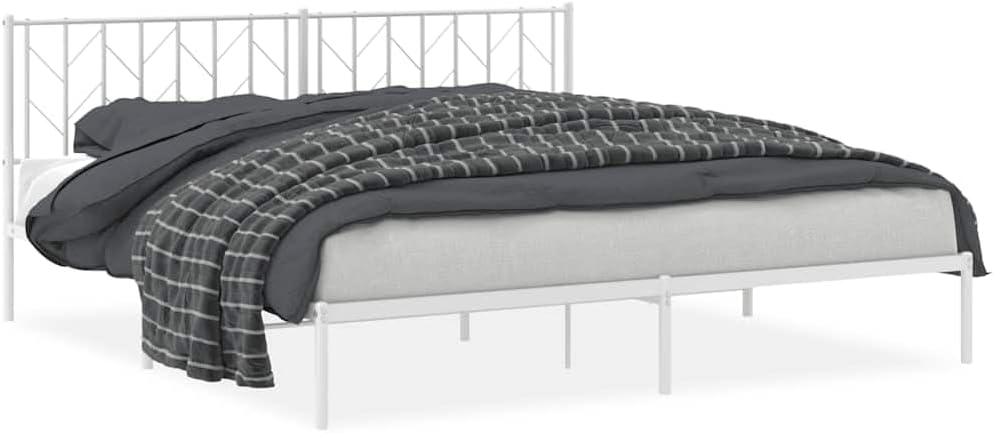 King Bed Frame with Headboard White 76'x79.9' Metal Platform Bed Frame Sturdy Steel Construction Underbed Storage Space for Bedroom Furniture