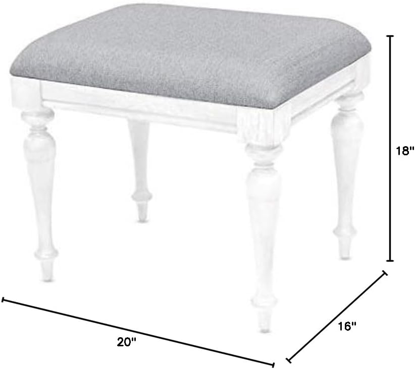 BOWERY HILL Modern Rustic Vanity Bench, Solid Hardwood Frame, Distressed Ivory Finish, Dove Gray Upholstered Seat, 20' W x 16' D x 18' H, Tapered Turned Legs, Vintage Farmhouse Bedroom Stool