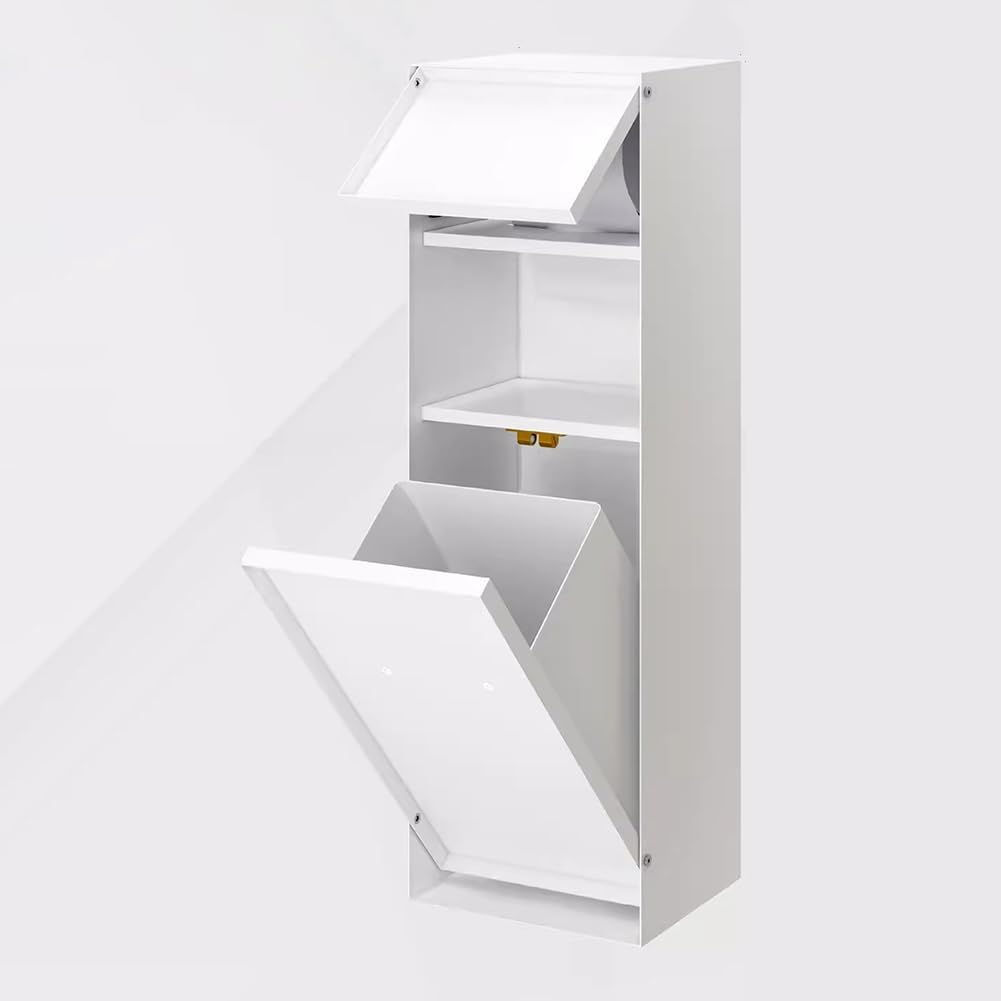 Shower Niche with Built-in Trash Can, Stainless Steel Bathroom Storage Rack, Built-in Bathroom Niche, Wall-Mounted Trash Can Cabinet, Multi-Functional Toilet Paper Holder,White