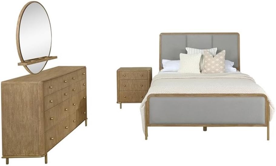 Pemberly Row 4-Piece Wood Queen Bedroom Set, Sand Wash Finish, Gray Fabric Upholstered Bed, Mirror with Jewelry Shelf, USB Nightstand, Dresser with Felt-Lined Drawers, Mid-Century Modern Style