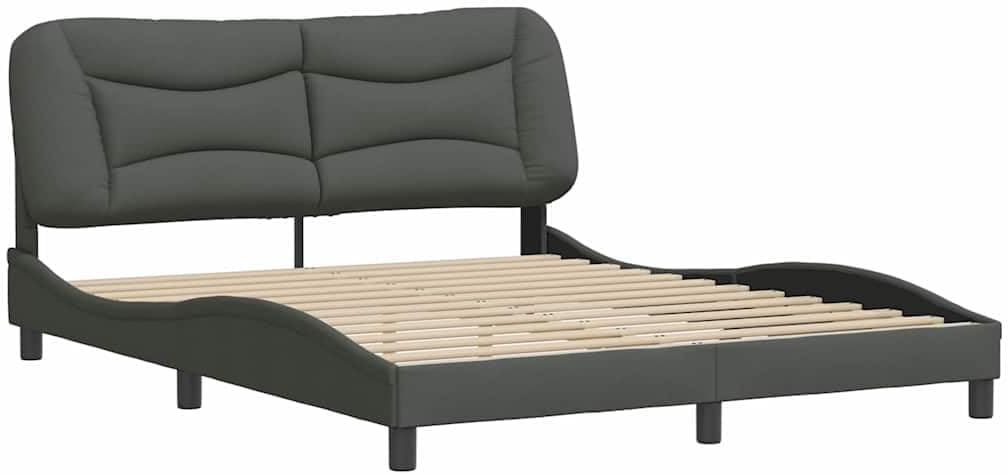 Queen Size Bed Frame with Dark Grey Polyester Fabric and Decorative Inlays, Modern Design with Cushioned Headboard and Solid Pine Wood Construction, 4-Piece Set for Bedroom