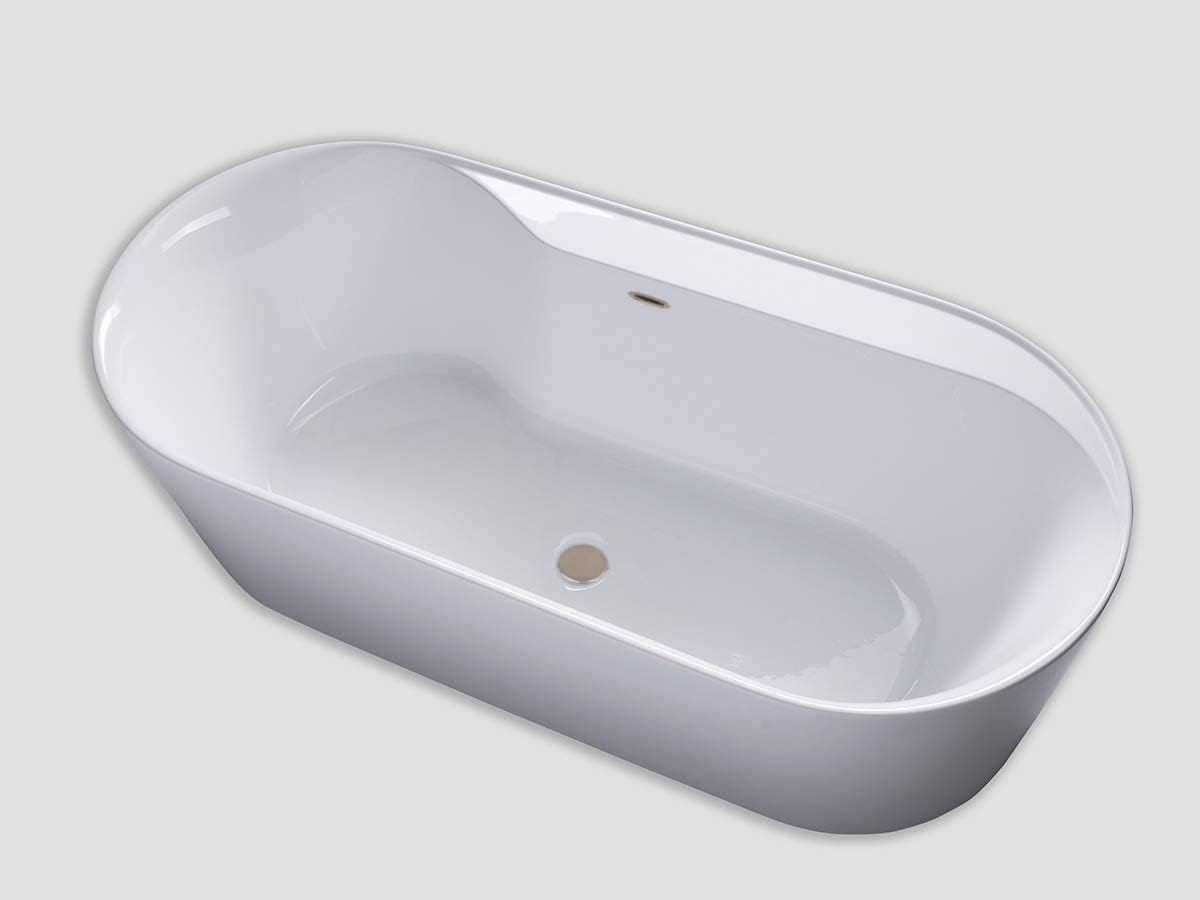 Carver Tubs - Amur 70' - Modern White Freestanding Soaking Bathtub With Brushed Nickel Drain - Modern Spacious Oval Acrylic Fiberglass Bath Tub - Deep Relaxing Soak - 70.5″L x32.5'W x 23'H