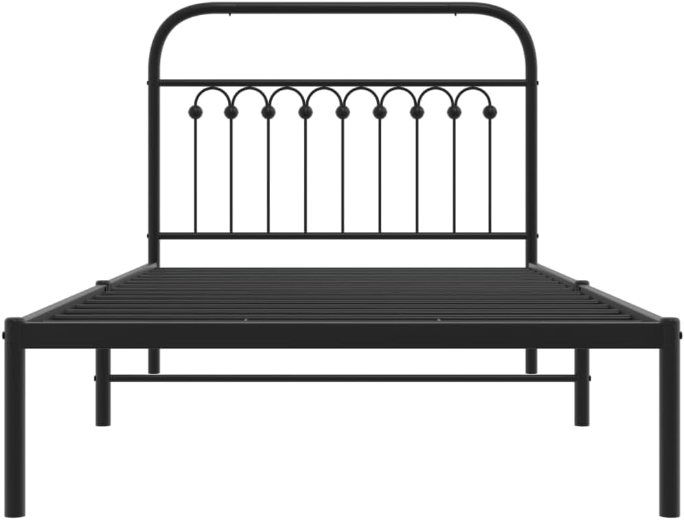Twin Bed Frame Black Steel Rectangular Traditional Sturdy Metal Bed Frame with Elegant Headboard for Bedroom and Guest Room Single Sleeper