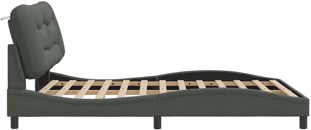 Queen Size Bed Frame with Dark Grey Polyester Fabric and Decorative Inlays, Modern Design with Cushioned Headboard and Solid Pine Wood Construction, 4-Piece Set for Bedroom