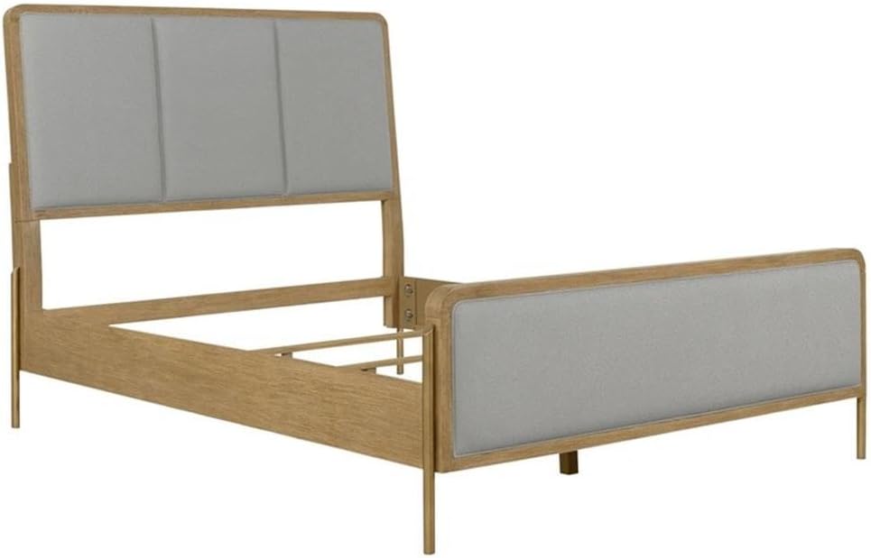 Pemberly Row 4-Piece Wood Queen Bedroom Set, Sand Wash Finish, Gray Fabric Upholstered Bed, Mirror with Jewelry Shelf, USB Nightstand, Dresser with Felt-Lined Drawers, Mid-Century Modern Style
