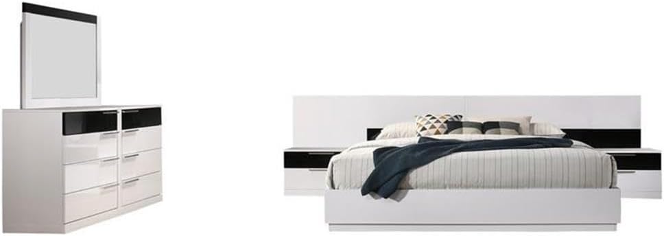 Pemberly Row 5-Piece Queen Platform Bedroom Set, Poplar and Engineered Wood, High Gloss White and Black Finish, Includes Bed, Dresser, Mirror, 2 Nightstands, Modern Contemporary Style for Bedroom