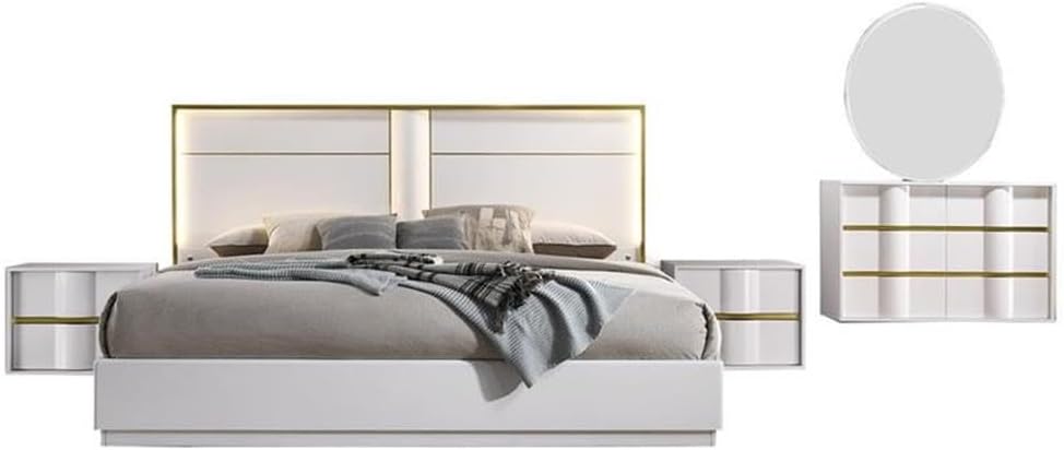 Pemberly Row 5-Piece Cali King Bedroom Set, Poplar & Engineered Wood, White/Gold Trim, High Gloss Finish, Includes Bed, Dresser, Mirror, 2 Nightstands, LED Headboard, Elegant Modern Design for Bedroom