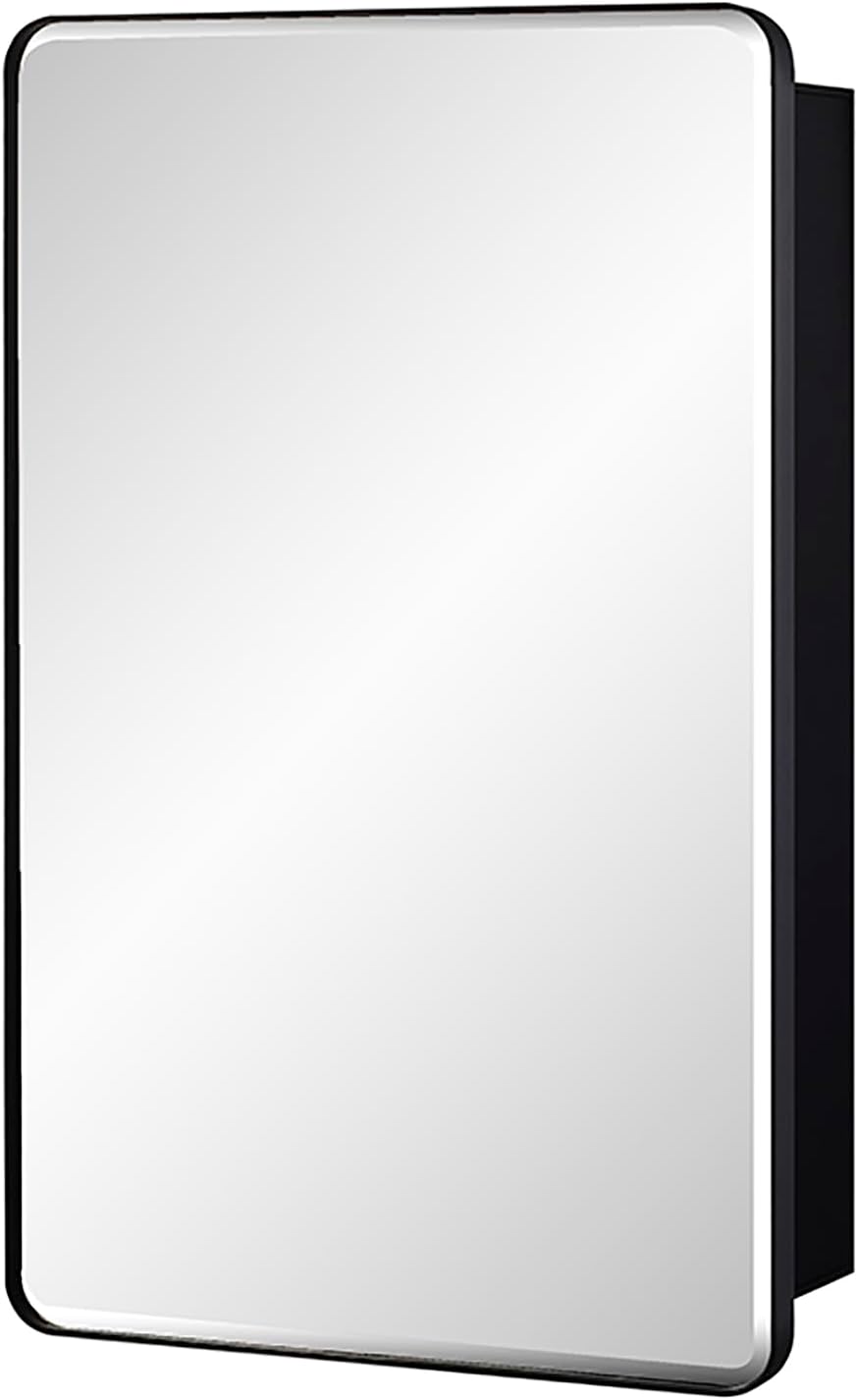 IDYLLOR Black Bathroom Mirror Medicine Cabinet with Round Corner Framed Door and Beveled Edge Mirror 15 x 25 inch, Recessed or Surface Mount, with Adjustable Glass Shelves