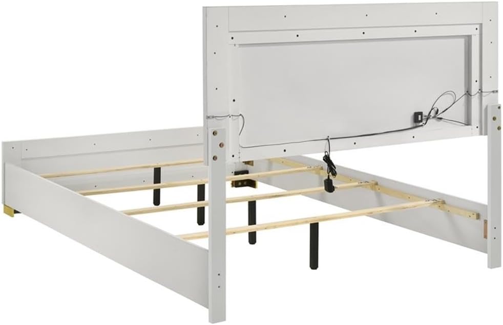 Pemberly Row 5-Piece Contemporary Wood Eastern King Bedroom Set, White and Gold Finish, LED Headboard, Metal Handles, Includes Bed, Nightstand, Dresser, Mirror, Modern Glam Design for Bedroom Use