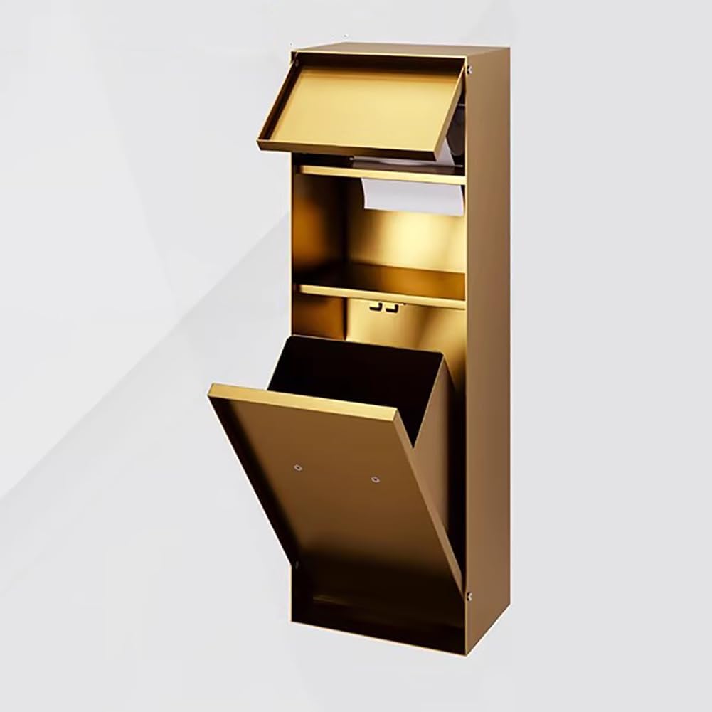 Shower Niche with Built-in Trash Can, Stainless Steel Bathroom Storage Rack, Built-in Bathroom Niche, Wall-Mounted Trash Can Cabinet, Multi-Functional Toilet Paper Holder,Gold