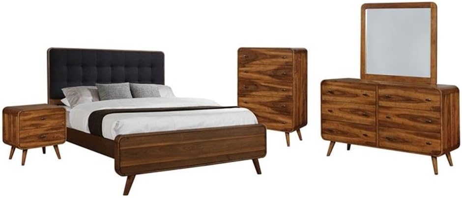 Pemberly Row 5-Piece California King Bedroom Set, Dark Walnut Finish, Dark Gray Upholstered Bed, Solid Wood Construction, Mid-Century Style, Includes Dresser, Mirror, Nightstand, Chest for Elegant